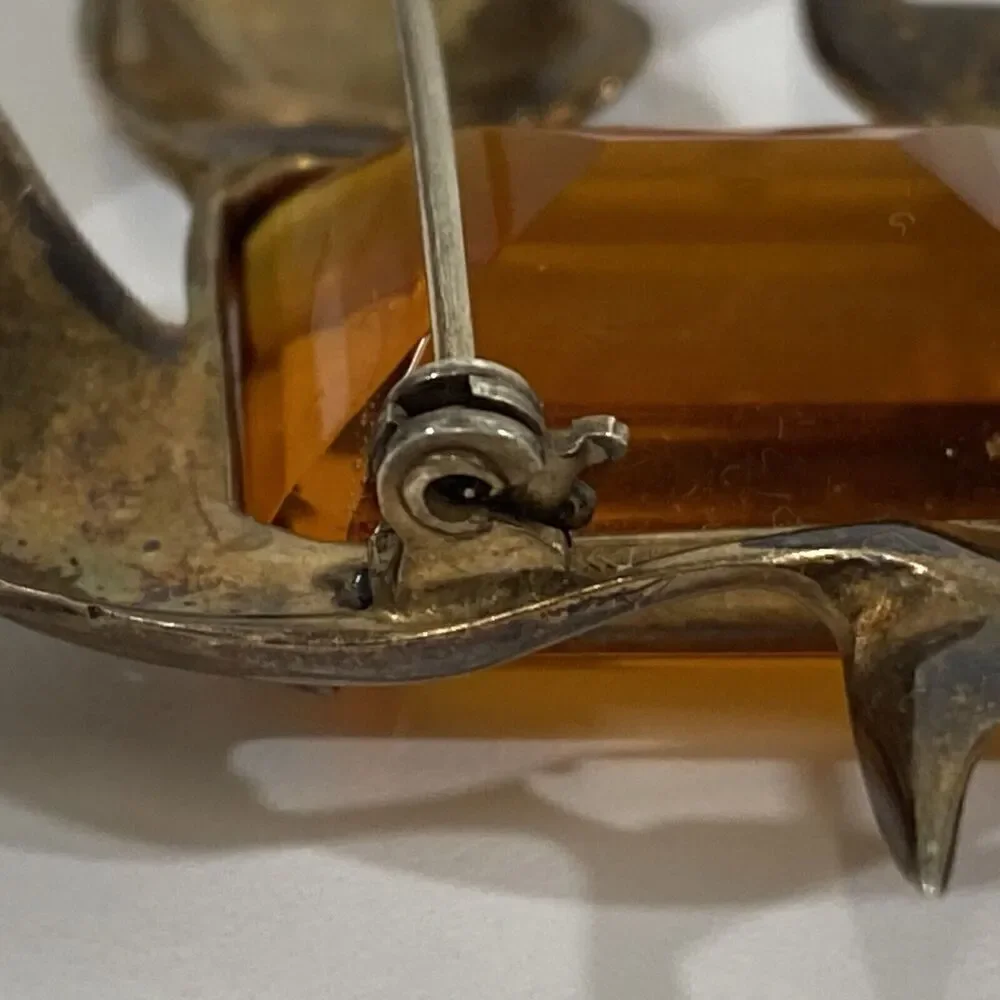 Antique Large Sterling Silver & Topaz Glass Brooch Art Nouveau Estate 2 3/8”